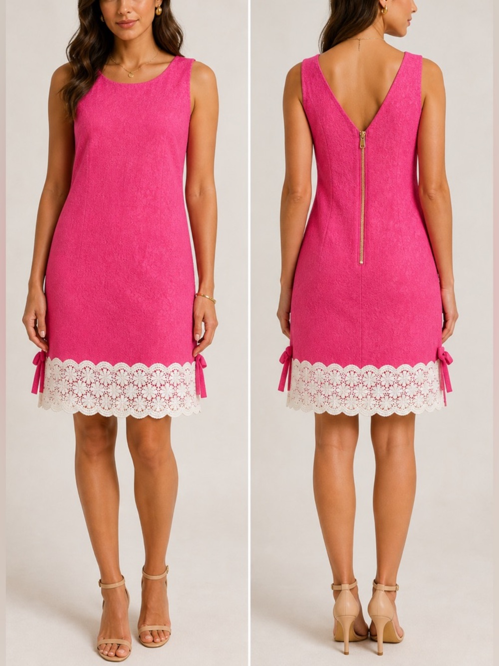 Lilly Pulitzer Hot Pink Sleeveless Shift Dress with White Lace Hem